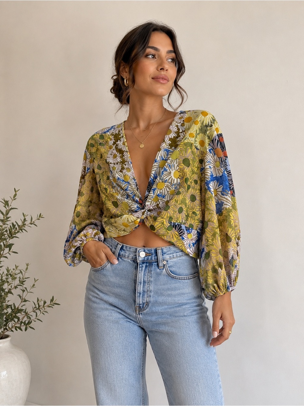 Zara Olive & Blue Floral Twist-Front Blouse M